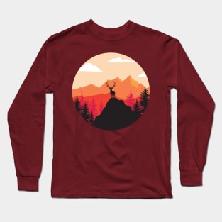 Deer Mountain Adventure Illustration Long Sleeve T-Shirt